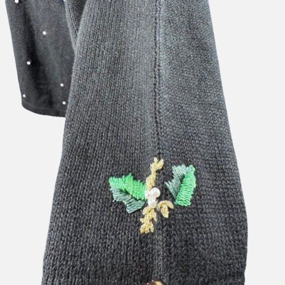 Victoria Jones Black Christmas Sweater Poinsettia Beaded Embroidery (Size 1XL) - Picture 8 of 11